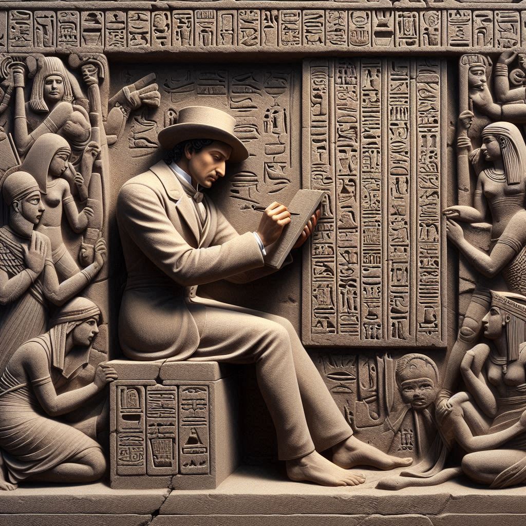 AI depiction of Champollion deciphering the Rosetta Stone