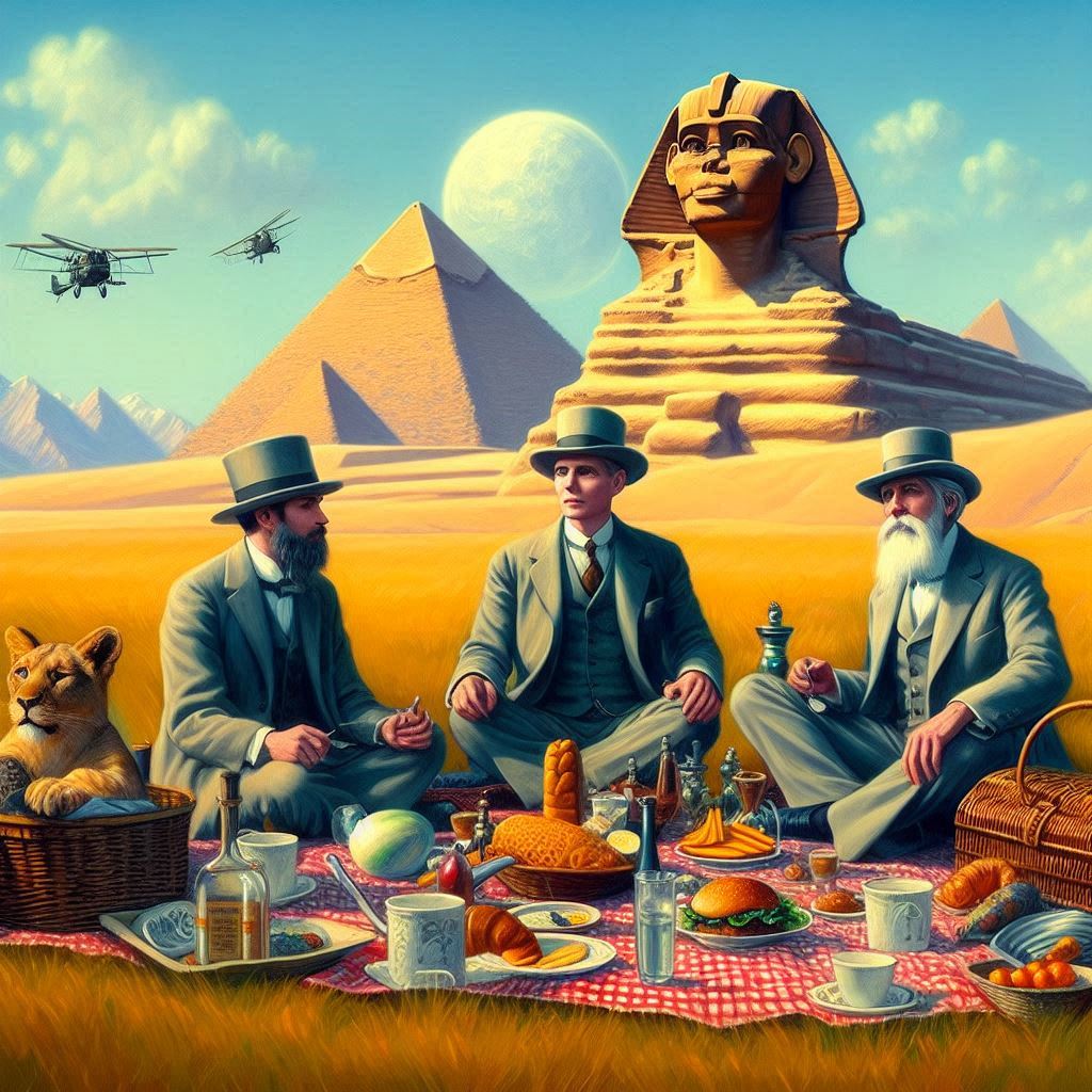 Mark Lehner, Zahi Awass and Edgar Cayce sitting down to a picnic in front of the Sphinx Created by AI