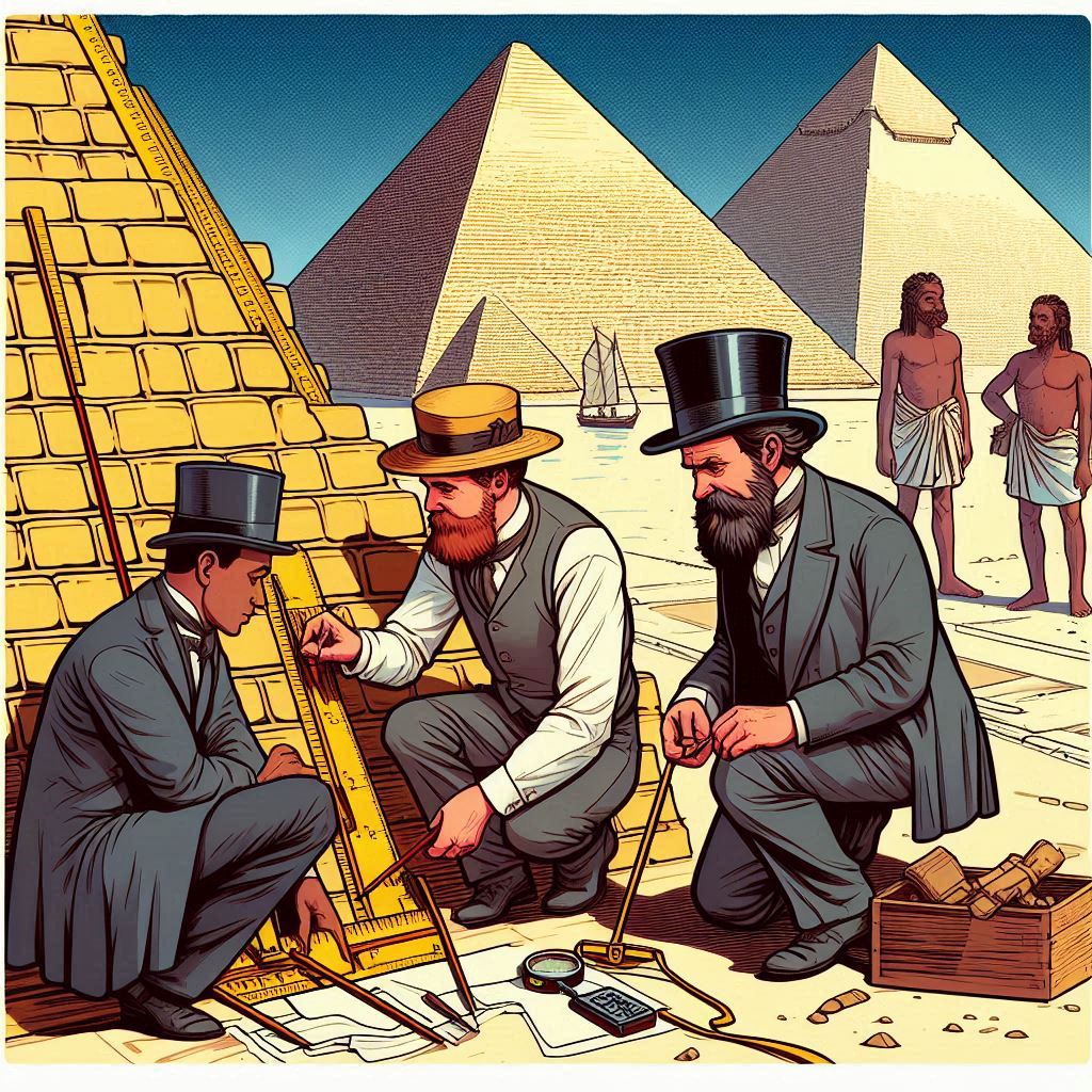 Three pyramidologists carefully making measurements of the pyramids. (AI creation)